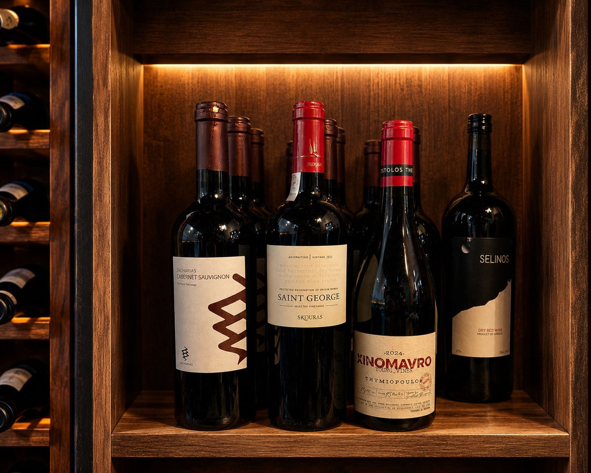Seasonal Greek pours on a lit wooden shelf