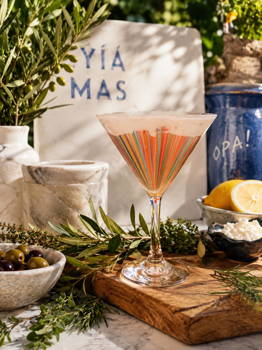 A layered martini beside olives and marble at the Yamas bar