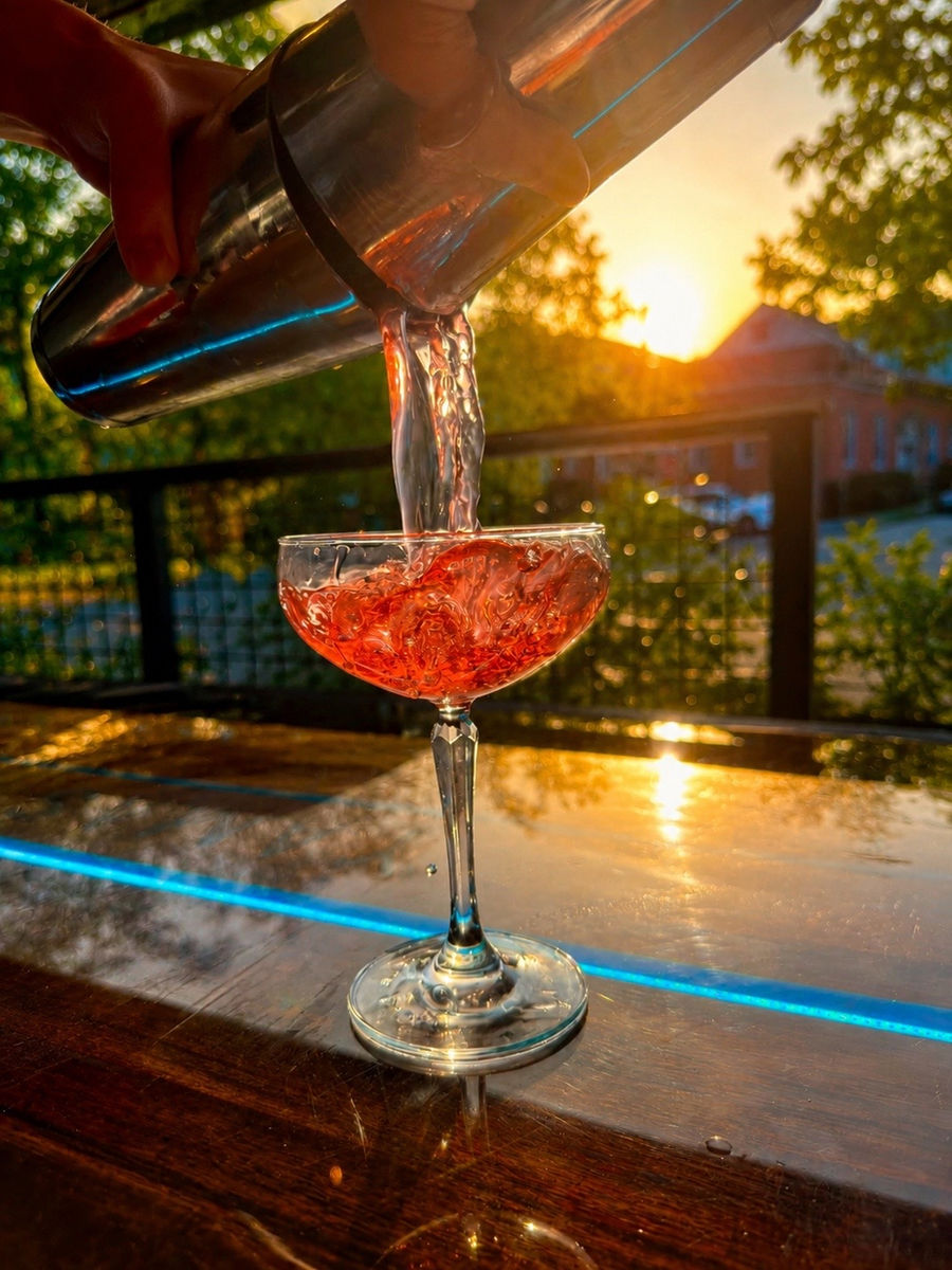 A craft cocktail poured at golden hour on the Yamas patio