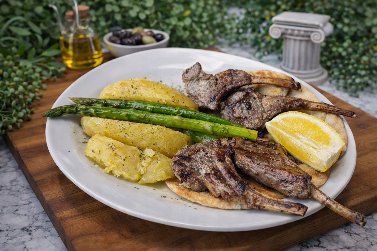 Arnaki — grilled marinated lamb chops with lemon potatoes and asparagus