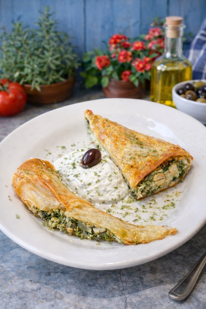 Spanakopita — golden phyllo triangles with spinach and feta, served with tzatziki