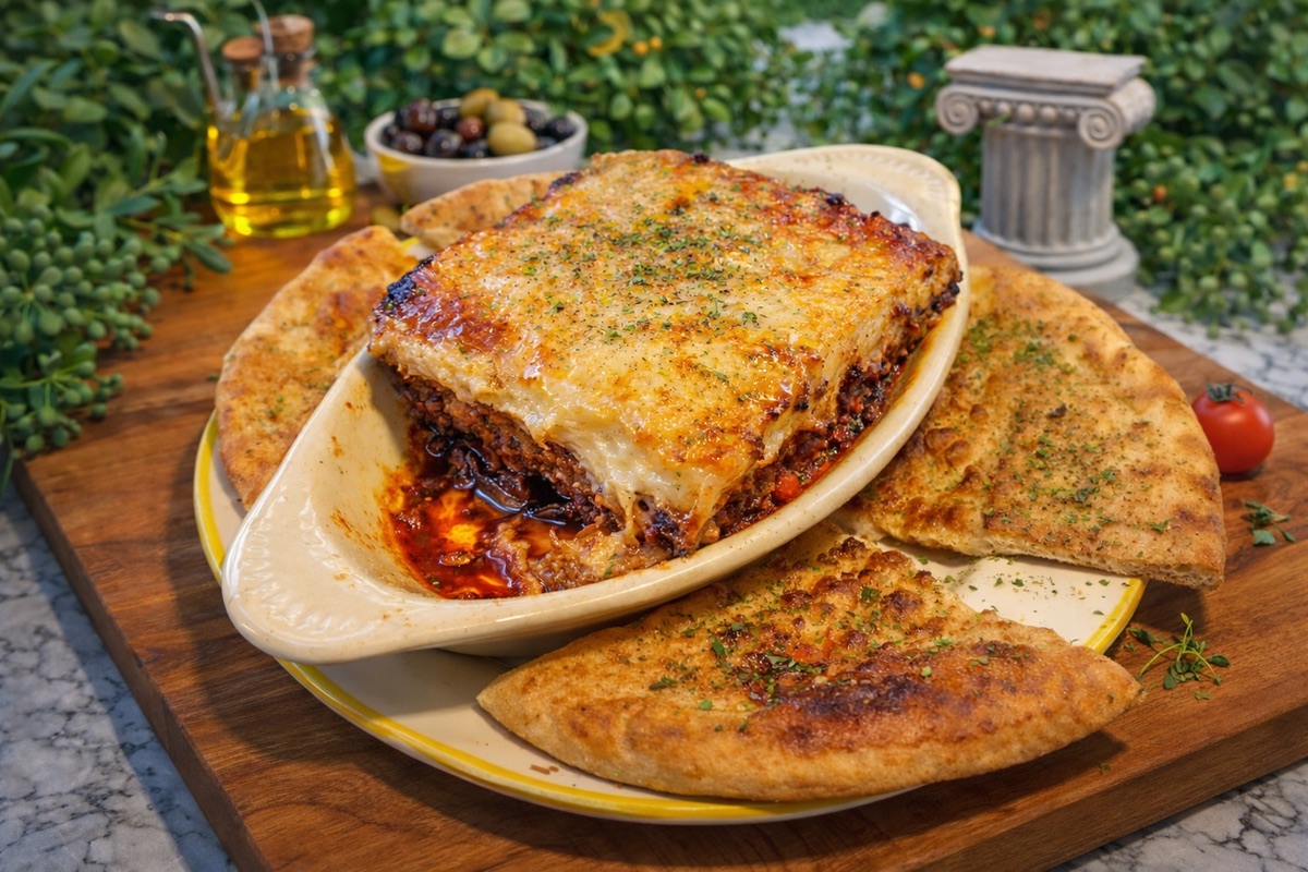 Moussaka in a ceramic dish surrounded by toasted pita
